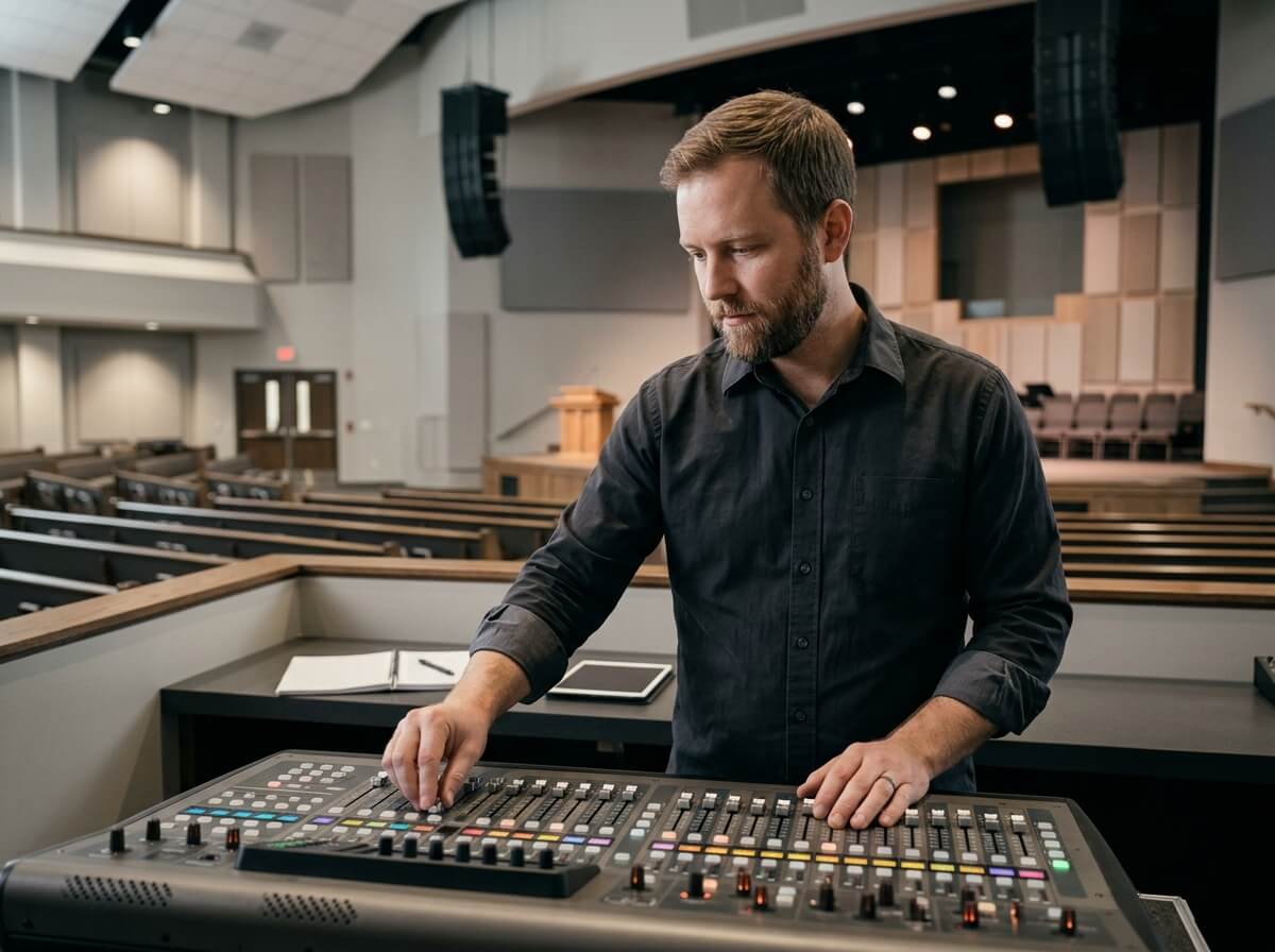 Técnico de som operando a mesa de som da igreja